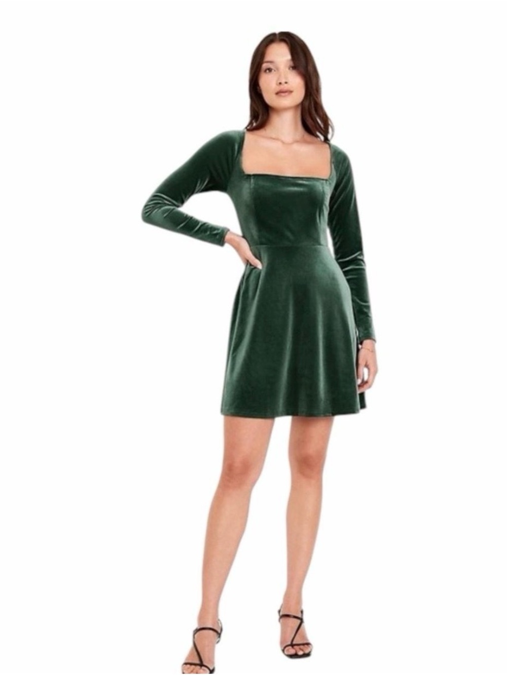 Old Navy Long-Sleeve Velvet Square-Neck Mini Dress in Green M